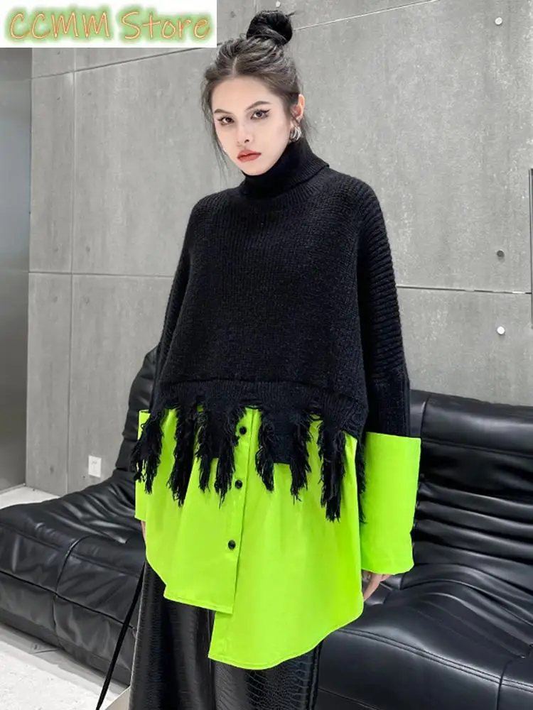 

Tassel Color-block Big Size Knitting Sweater Turtleneck Long Sleeve Women Pullovers New Fashion Spring Autumn