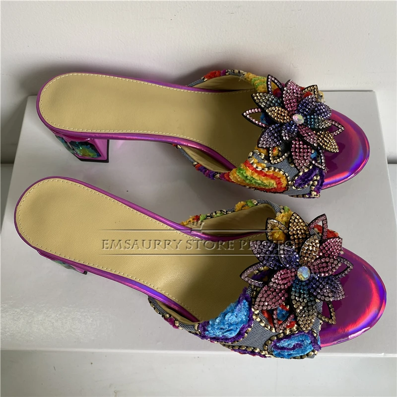 Colorful Embroidery Flower Air Mesh Sandals Women Luxury Diamond Crystal Heel Bling Decor Slingbacks Mules Summer