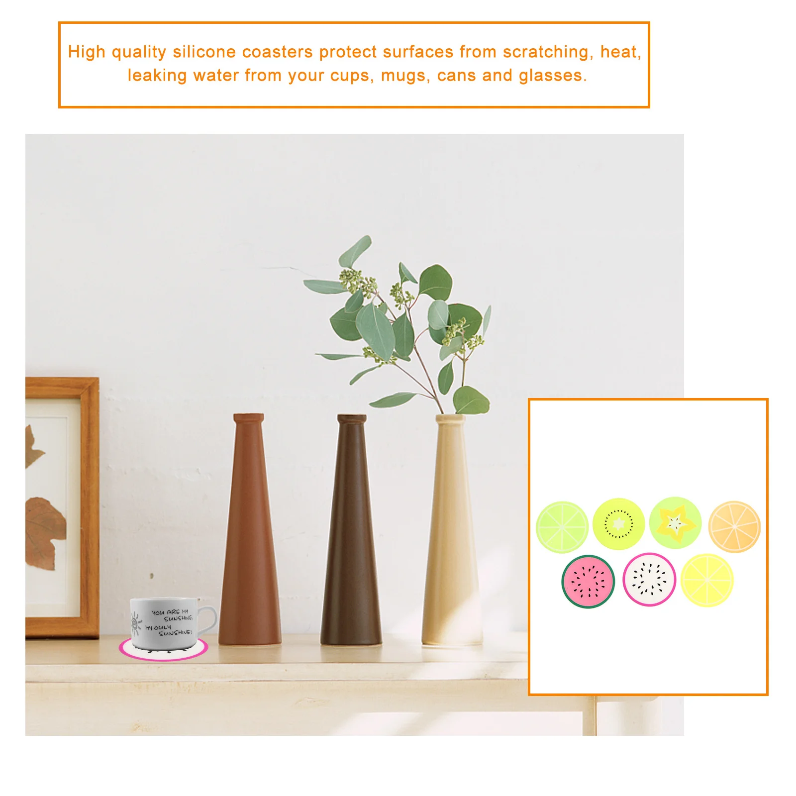 

14Pcs Anti-Scalding Coasters Silicone Cup Pads with Fruit Art Non-Slip Grip High Durability Table Protection for Mugs Glasses