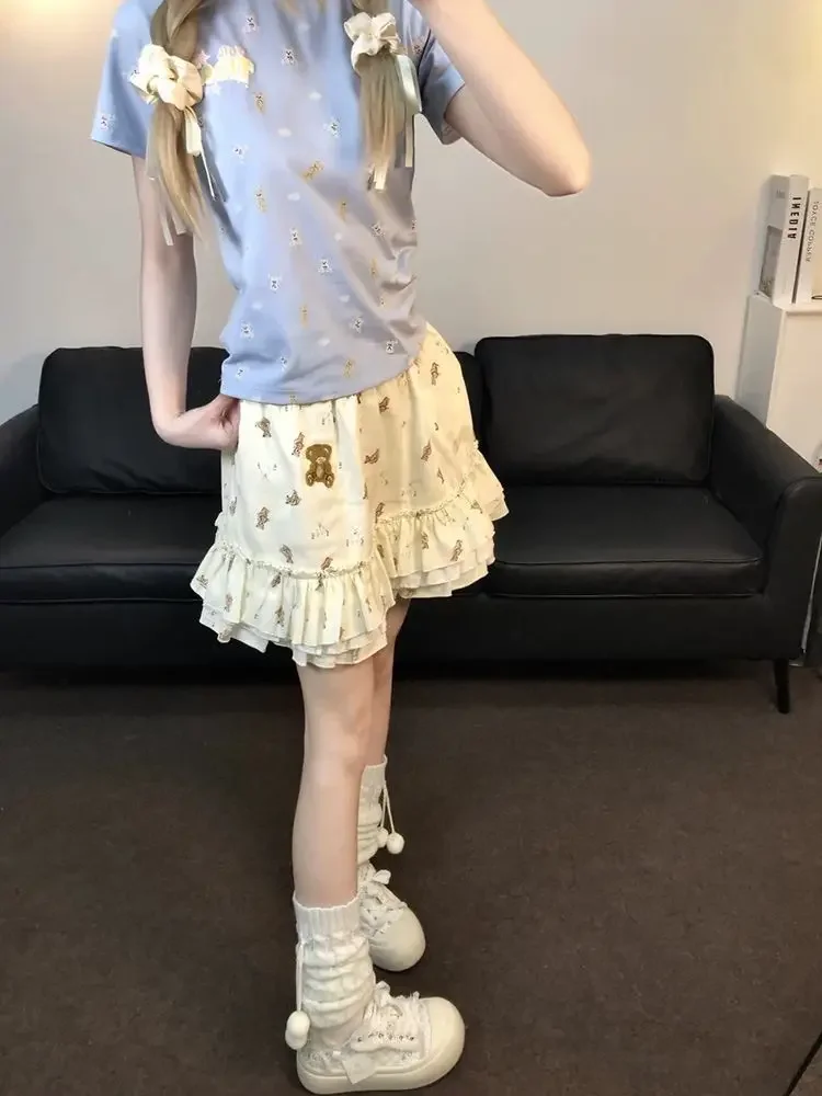 Mini jupe à volants imprimée ours mignon pour femmes, Style japonais, taille haute, ligne a, moelleuse, jupe gâteau, douce, Y2k, été