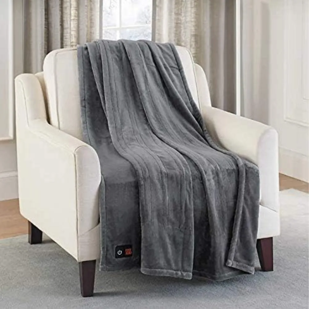 

Luxurious Electric Heated Throw 4-Heat Settings Easy One Touch Built-in Remote (Charcoal)