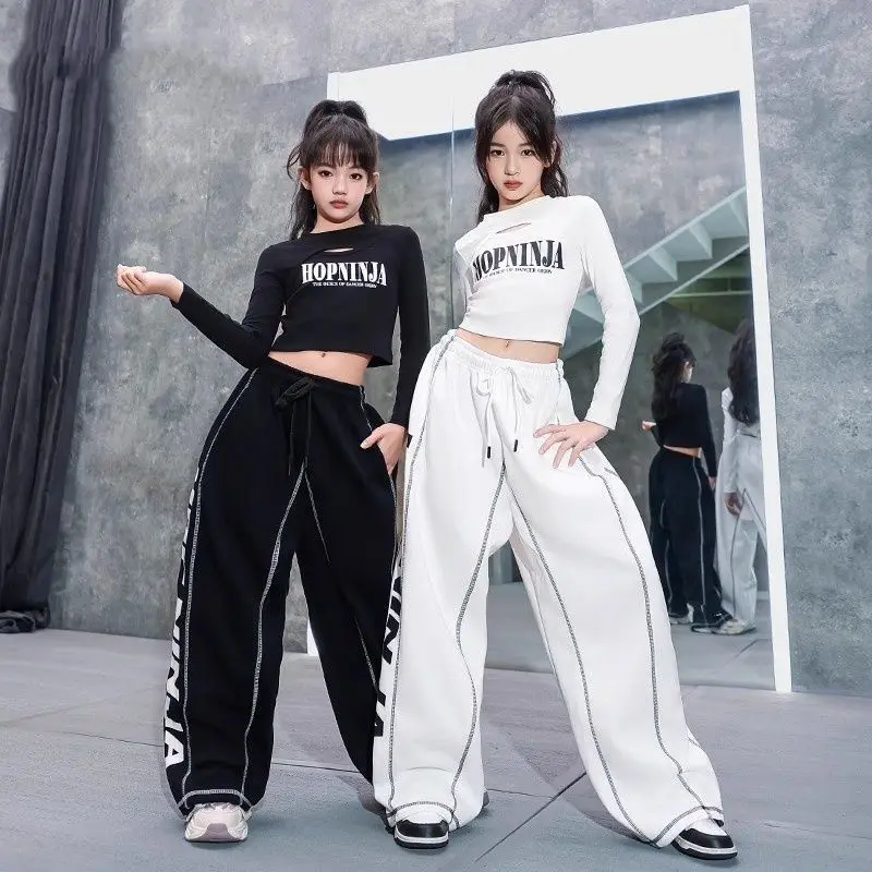 teen girls Hip hop jazz street dance clothes set short top t-shirt+wide-leg pants 2pcs junior kids sport suit child outfits 4-14