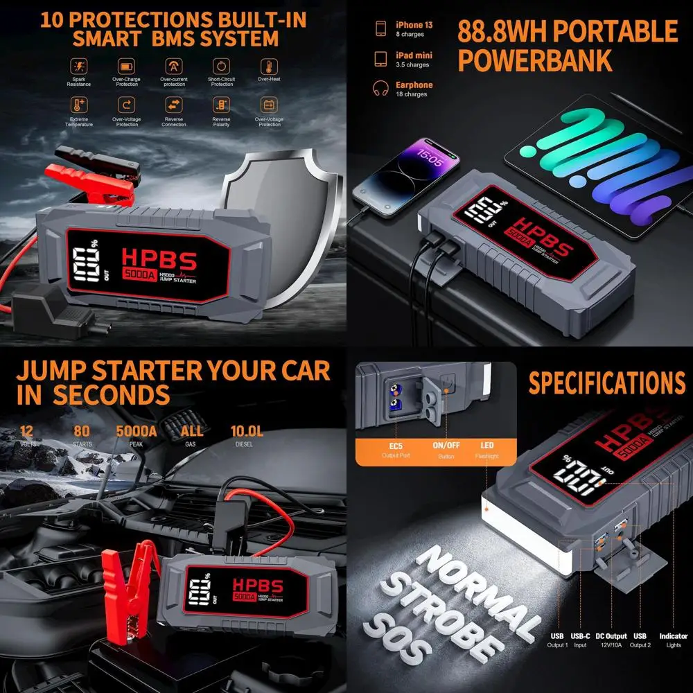 

Автомобильный стартер — пиковый стартер 5000 А, аккумулятор постоянного тока для всех газовых и дизельных двигателей 10,0 л, портативный аккумулятор 12 В