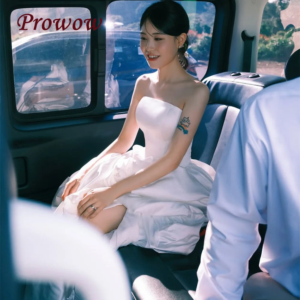 

Prowow Elegant Strapless High Low Wedding Dresses Draped Soft Satin Brides Party Gowns for Women Customized Bridal Gown Lace-up