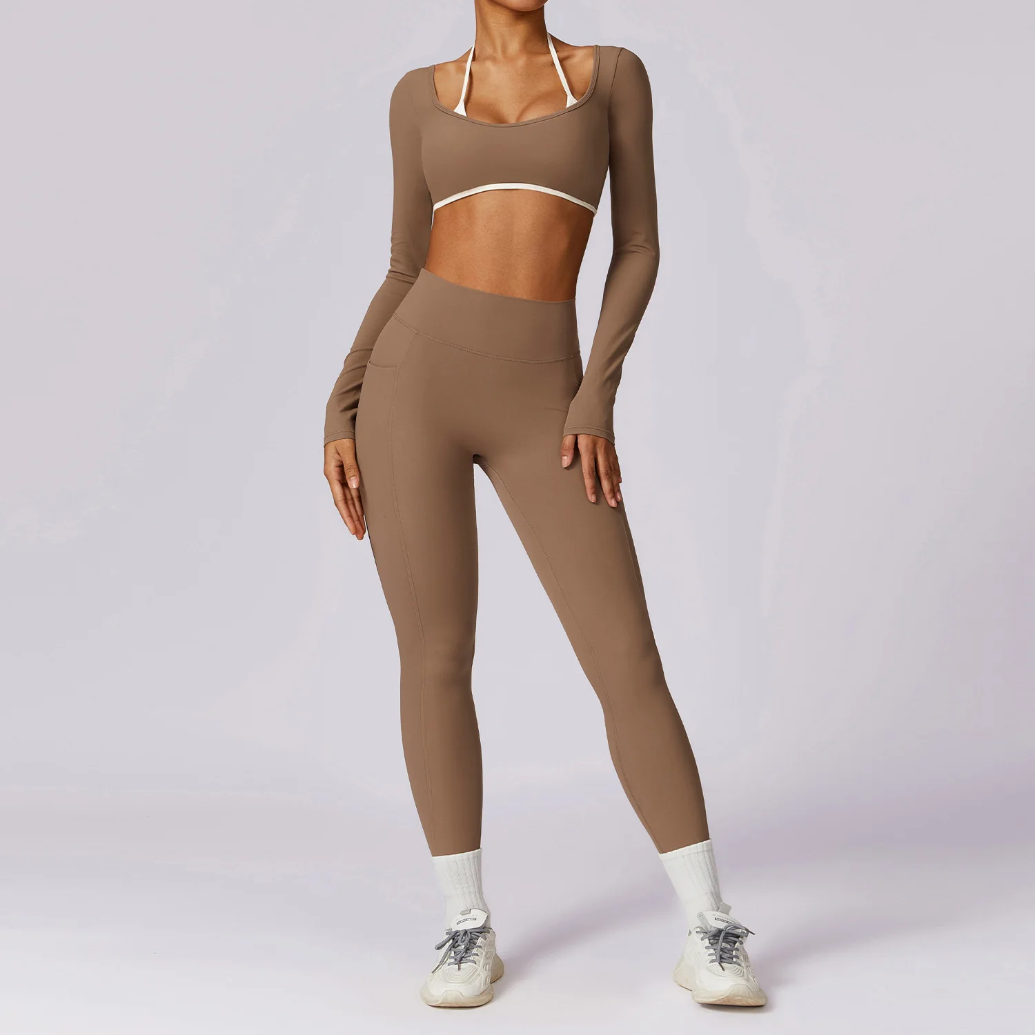 2 Pieces Women Tracksuit Yoga Set Workout Sportswear Gym Clothing Fitness Long Sleeve Crop Top High Waist Leggings Sports Suits