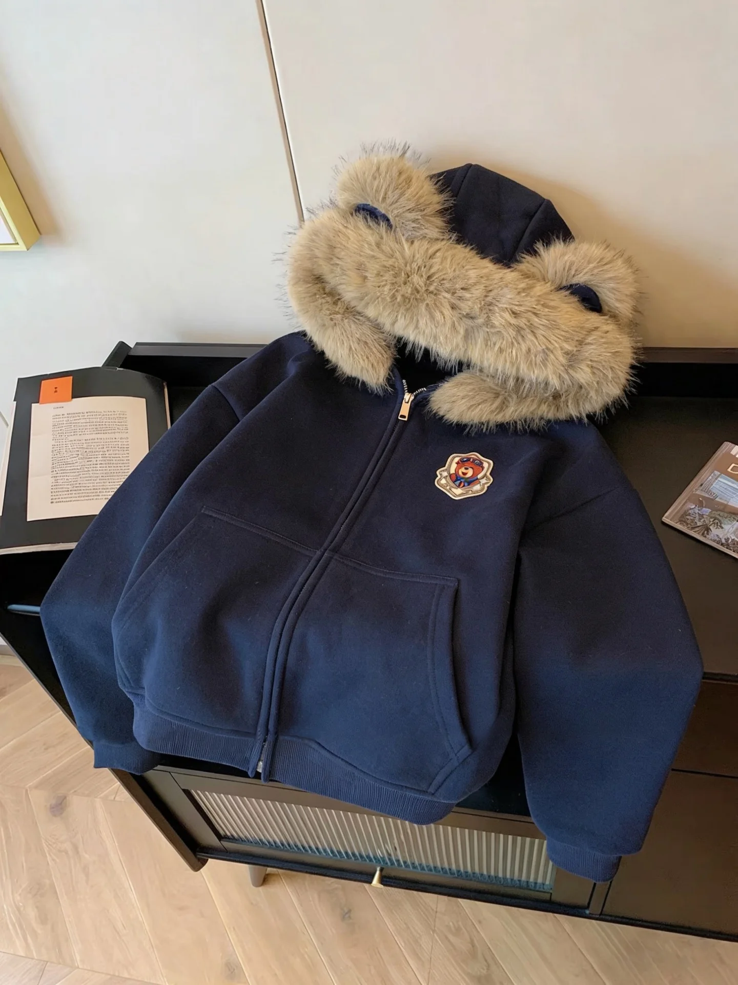 

Retro American High Street Patchwork Fur Collar Hooded Cotton Jaet Loose Zipper Cardigan Top for Men And Women Trendy Autum...