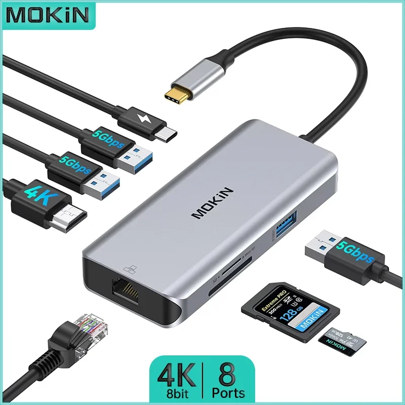 MOKiN 8 in 1 USB C HUB USB 3.0 1000Mbs RJ45 Gigabit Ethernet USB Type-C to HDMI Adapter For Macbook Air Pro M1 M2 SD TF Reader