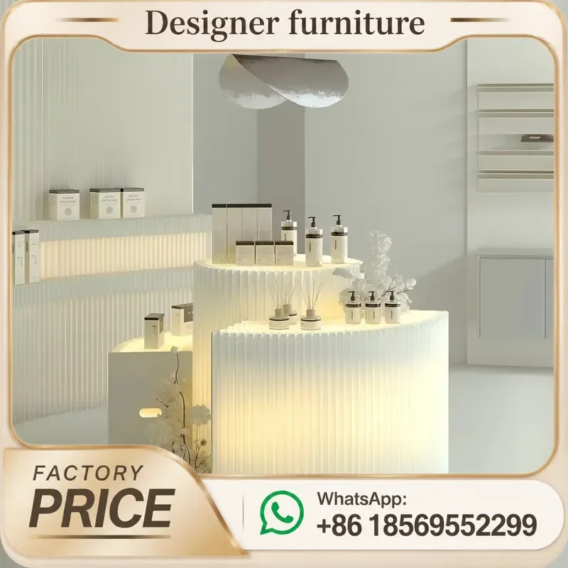 Manufacturer direct sales white display cabinet, bag makeup sample display storage shelf, glowing island display stand