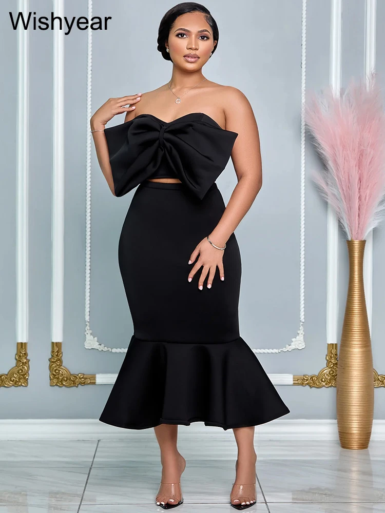 Wishyear Pleated Mermaid Dress Sets for Women Big Bow Strapless Crop Tops and Skirts Two 2 Pieces Evening Party Gowns Outfits