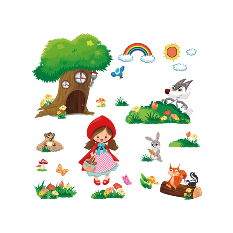 Cartoon Little Red Riding Hood Stickers DIY Scrapbook Window Glass Wall Sticker Bedroom Decora Sticker Self-adhesive Wallpaper