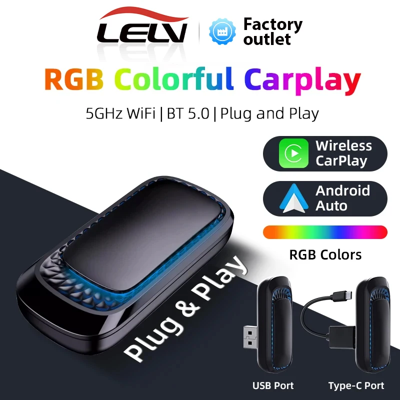 Lelv Wired to Wireless CarPlay RGB BOX Adapter for OEM Car Radio With USB / Type-C Plug and Play Smart Link Phone CarPlay Cars