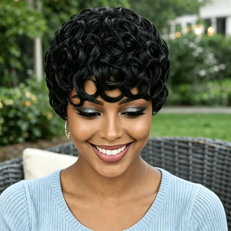 Women's Brazilian Human Hair Wig Short Curly Pixie Cut with Bangs - Full Machine Made Natural Black Suitable for Daily Wear