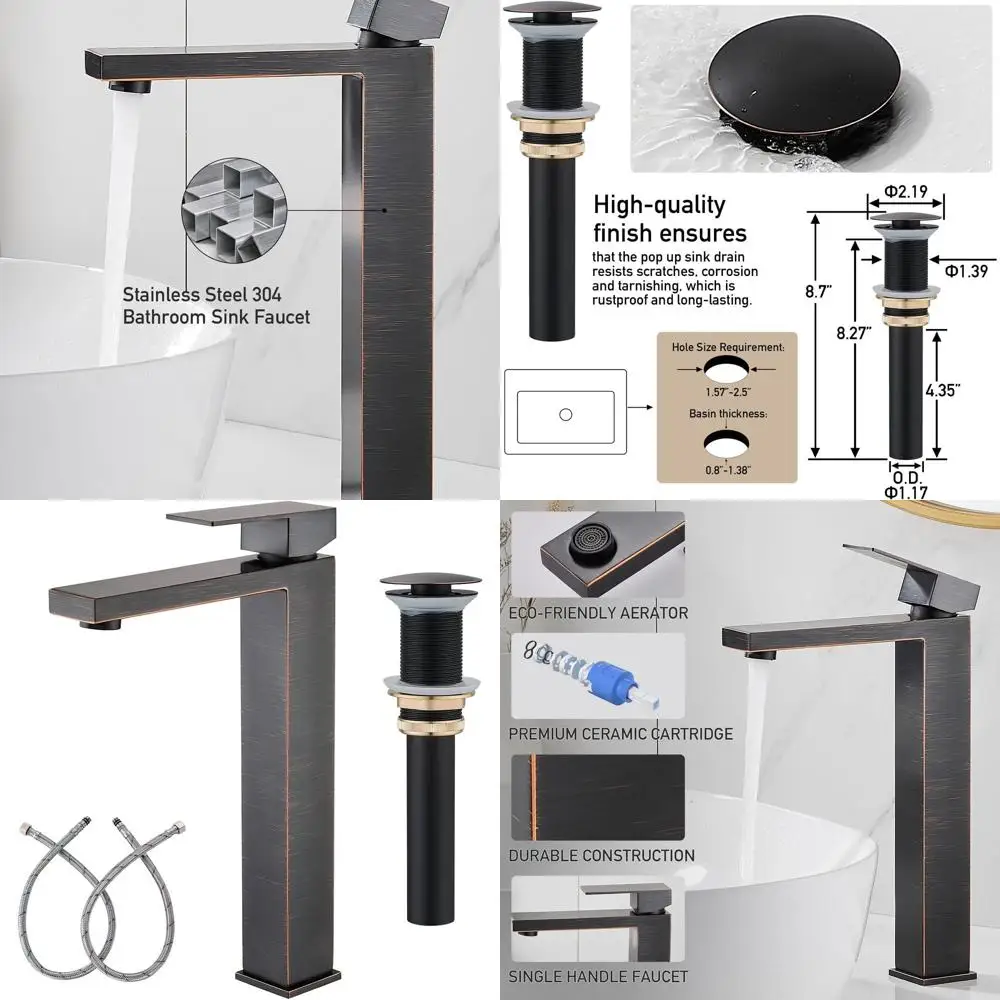 

Modern Oil-Rubbed Bronze 1-Hole Single Handle Tall Bathroom Faucet with Pop-Up Drain and 2 Supply Lines