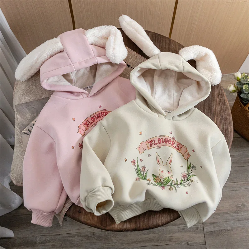 Girls Hoodies Winter Thicken Pullovers for Kids Plus Velvet Children Jackets Rabbit Ear Toddler Outerwear Baby Sweater Clothing