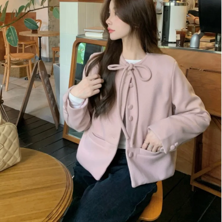 

Шикарное шерстяное пальто, женский круглый топ из необычного материала с лентой и галстуком-бабочкой Fraance Sle, маленький размер Ele Personali