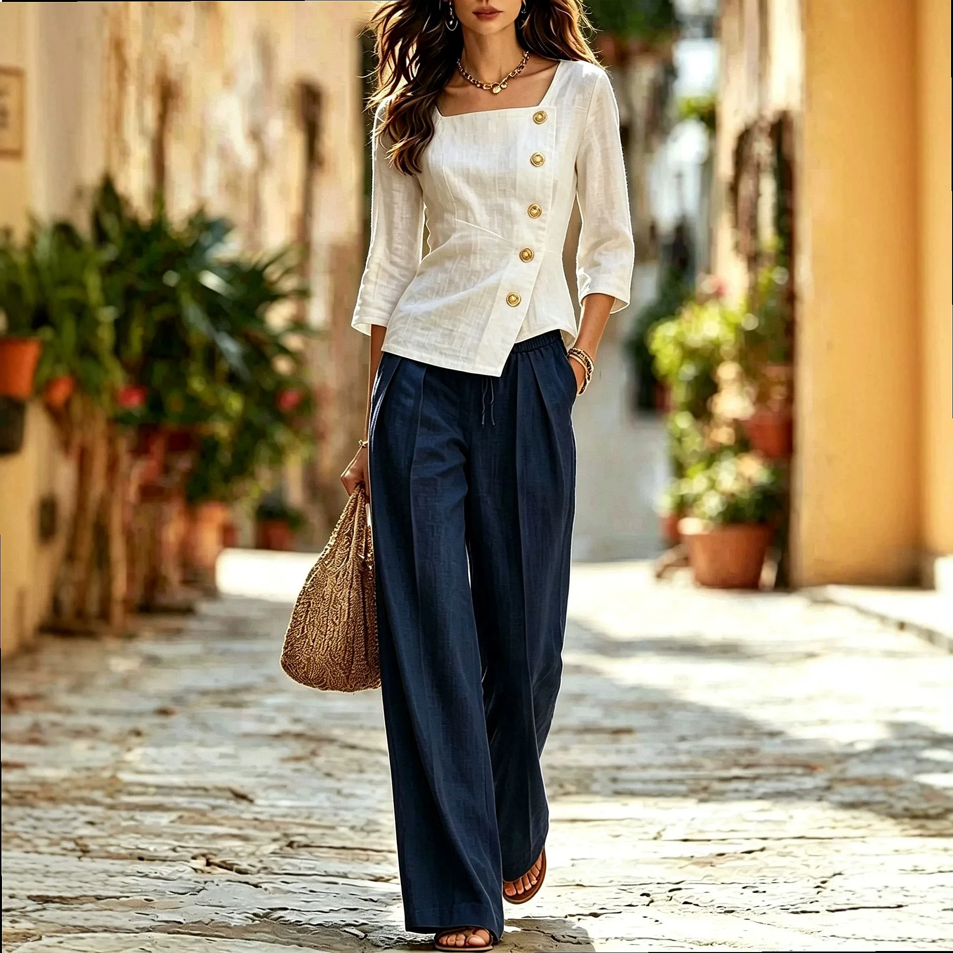 Retro Casual Two Piece Matching Set Women Loose Slim Fit Solid Color Outfits Spring Summer