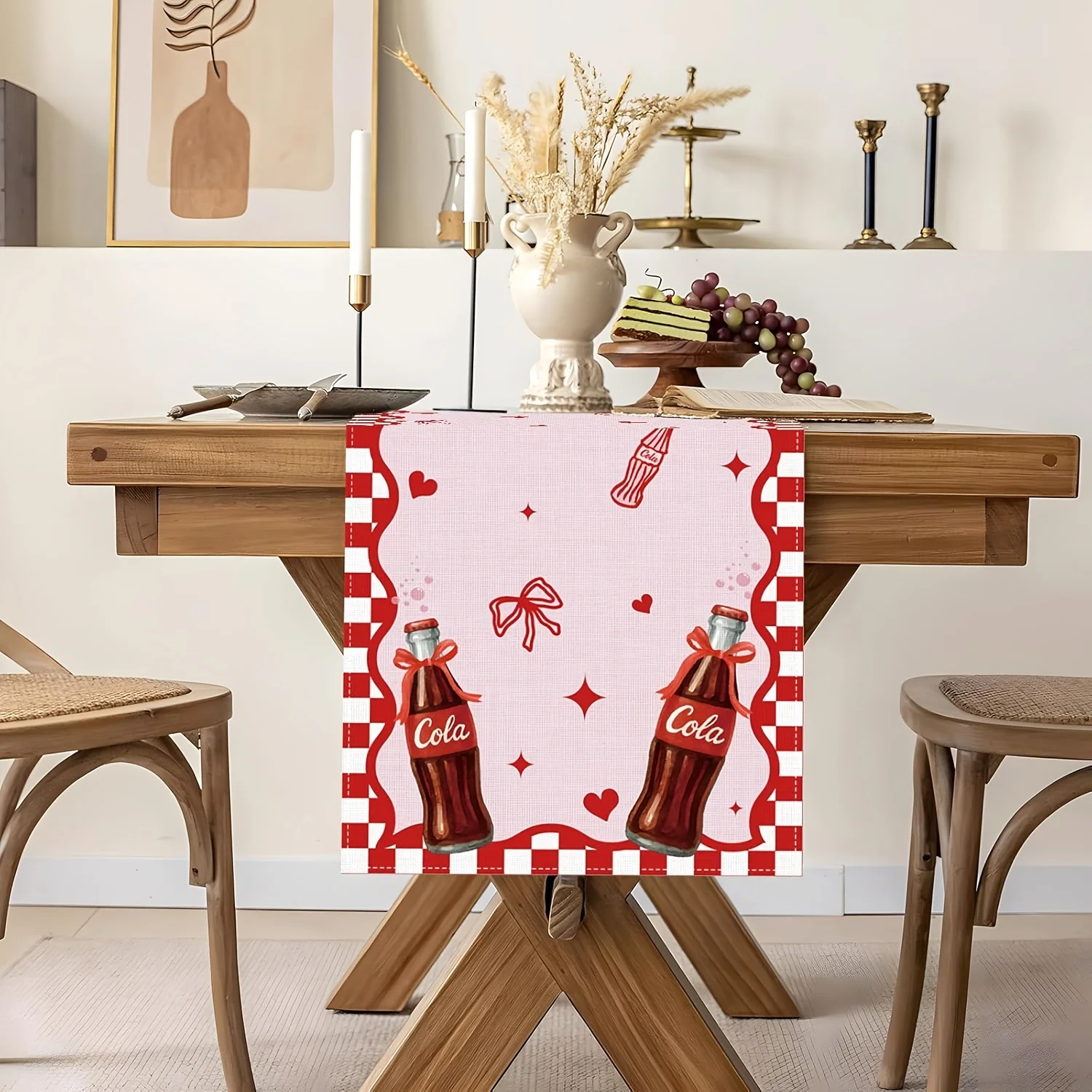 1 Piece of Table Runner with a Vintage Red Bow and Nostalgic Soda and Cola Print, Suitable for Farmhouse, Indoor, Kitchen, Celebrations, Table Decoration, Restaurant, and Banquet Decoration Supplies