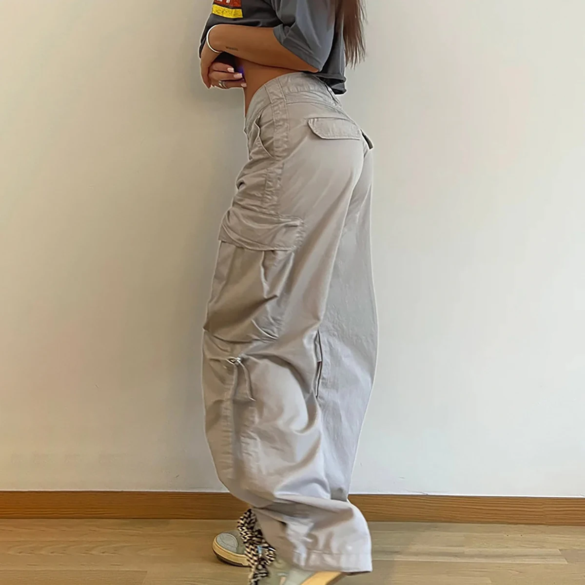 Pantalon Cargo Vintage pour Femme, Streetwear, Taille Basse, Jambes Larges, Droites, FjBig, Poches, Baggy, Décontracté, Solide, Survêtement, Mode, Y2K