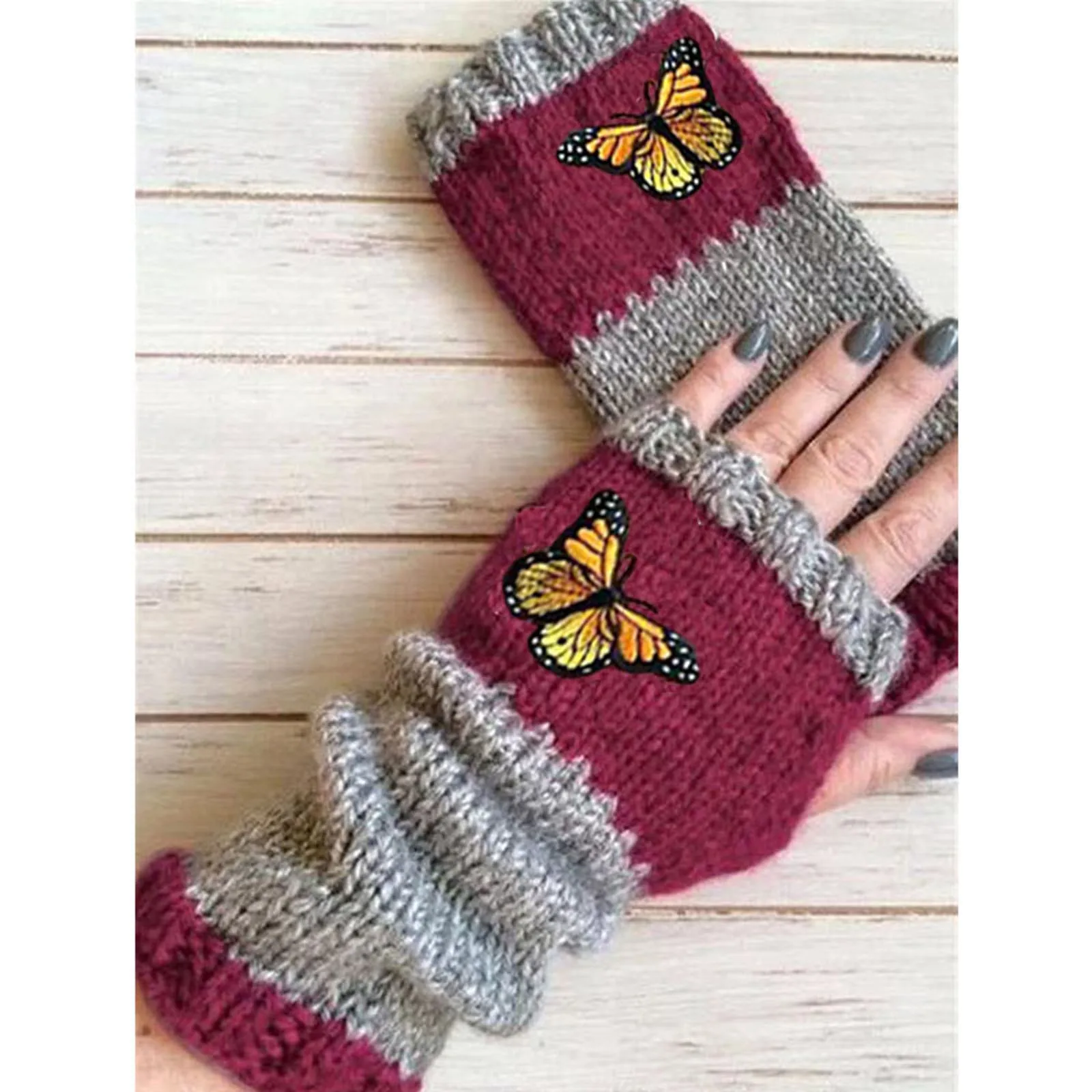 Women\'s Fingerless Gloves Christmas Gift Embroidered Bird Gloves Women\'s Cotton Fingerless Gloves Knit Block Splice Mittens