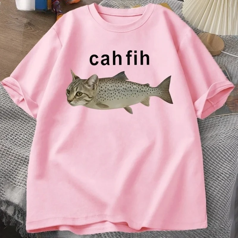 

Cah Fih T-Shirt Fih Funny Mispelled Fish Meme T Shirt Cat and Fish Graphic Humor Tshirt Casual Short Sleeve Clothes Graphic Y2K
