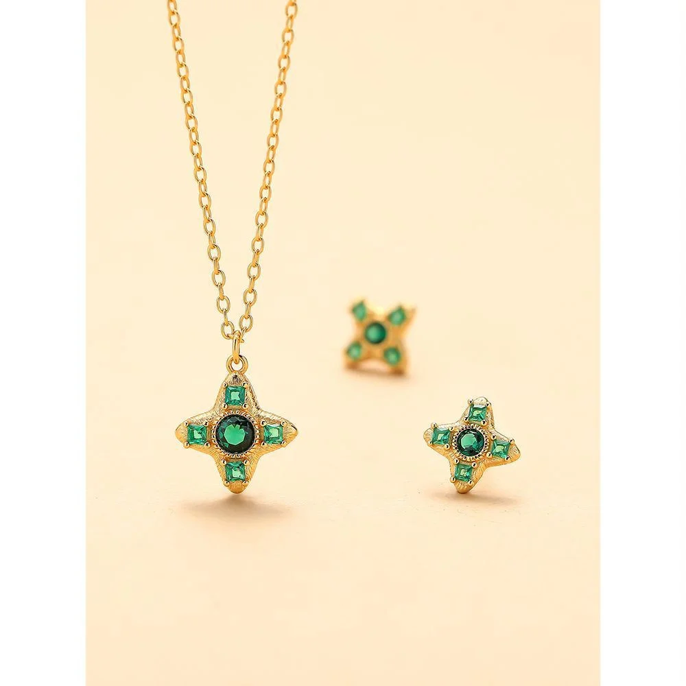 

Korean S925 Emerald Flower Set - Zircon Necklace Earrings, Chic Geometric Women's Collar