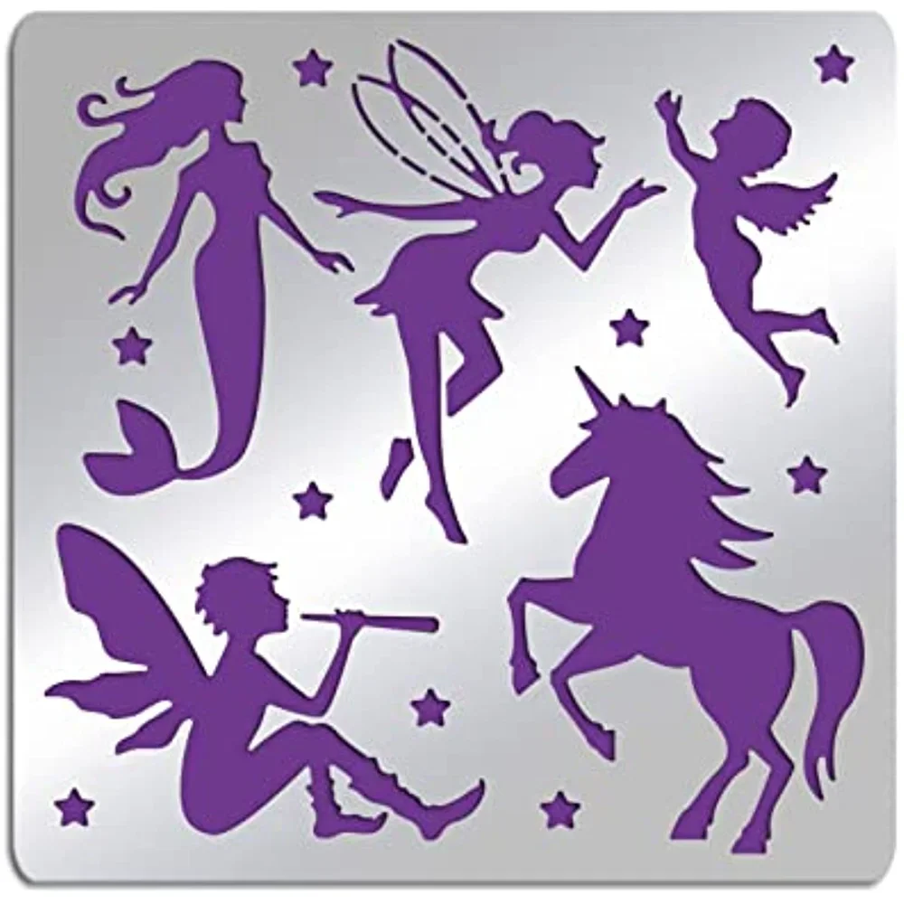 Metal Fairy Stencil Square Unicorn Scrapbooking Drawing Stencils Stainless Steel Mermaid Painting Stencils for Engraving Journal