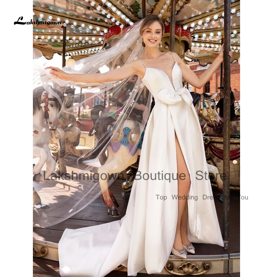 

Lakshmigown Sexy Bridal Satin Wedding Dress Spaghetti Straps 2023 Robe Longue Simple Women Beach Wedding Gowns Side Split