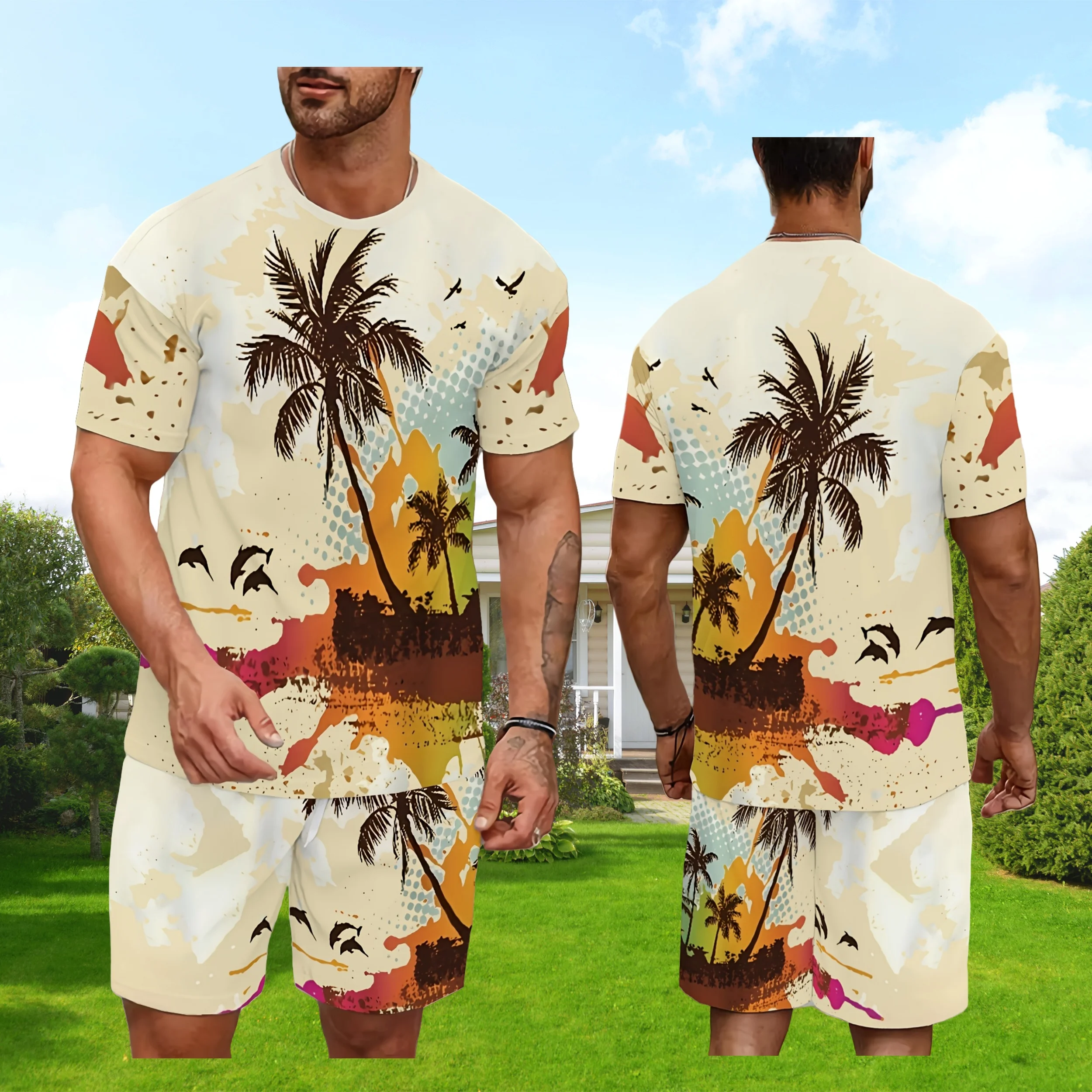 

2025 Latest Hot T-shirt Set 3D Vacation Style Trendy Various Elements Fashionable Street Men's Set Summer Top Shorts Breathable