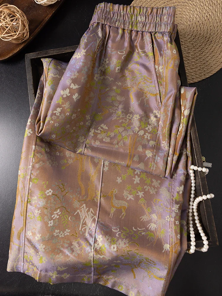 2025 Women's Fashion Autumn Clothing Deer Print Versatile Elastic Waist 100% Natural Mulberry Silk Shu Brocade Straight Pants