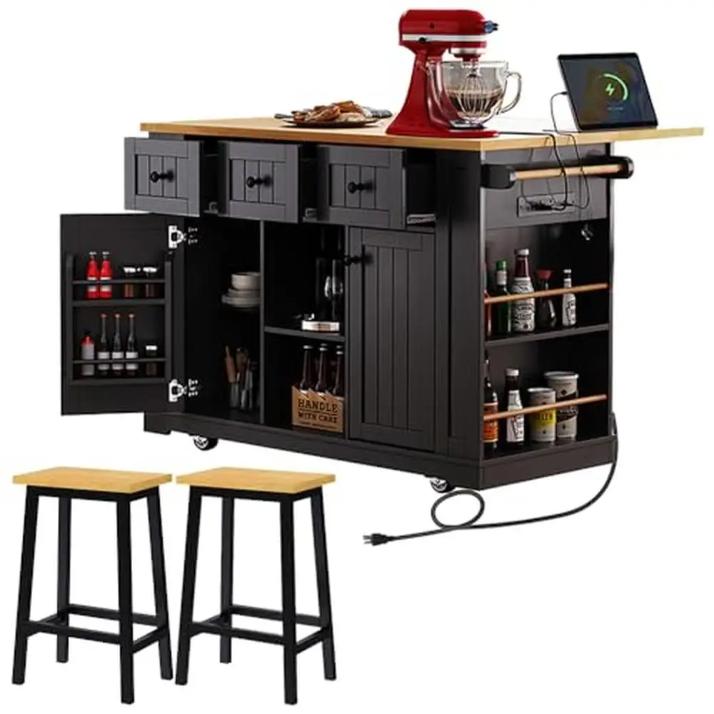 Kitchen Island Cart with Bar Stools Drop Leaf Power Outlet Storage Mobile Moveable Stationary Rolling 53 Inch Wide 3 Drawers 2