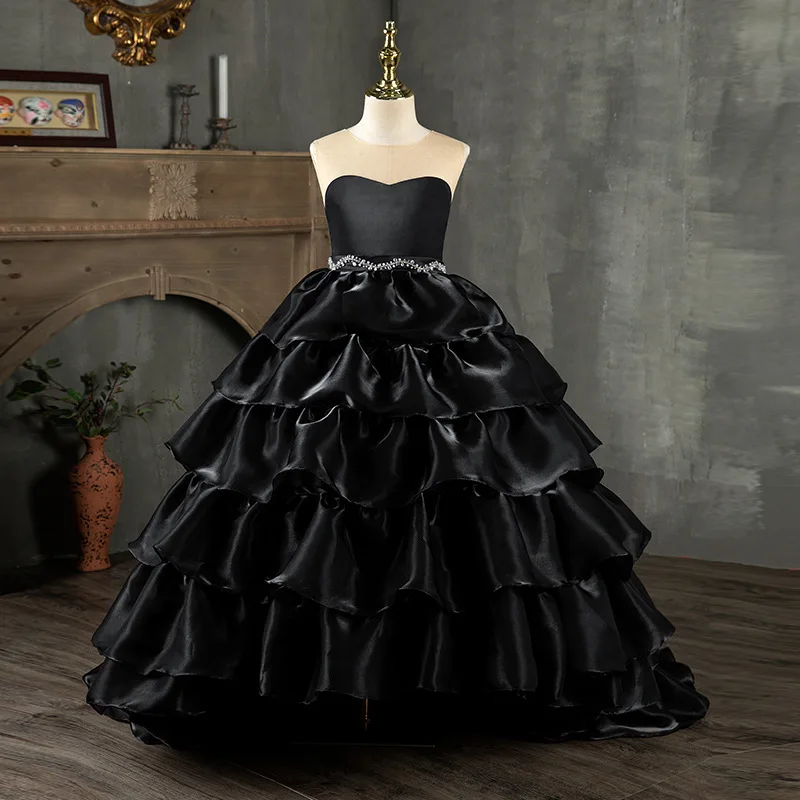 Girls Black Fluffy Yarn Princess Dress Child Model Catwalk Beauty Pageant Trailing Long Skirt Host Piano Performance Costume