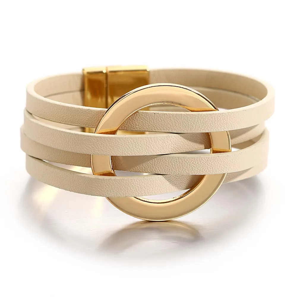 ALLYES Trend Gold Color Hollow Circle Leather Bracelets for Women Men Bohemian Simple Multilayer Wrap Bracelets Charm Jewelry