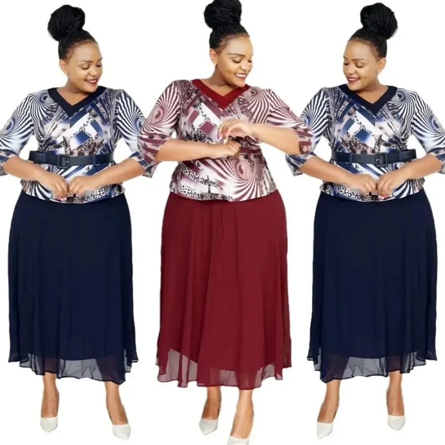 XL-5XL Autumn Fashion Africa 3/4 Sleeve V-neck Polyester Print Plus Size Long Maxi Dress Gowns Dashiki African Dresses for Women image 6