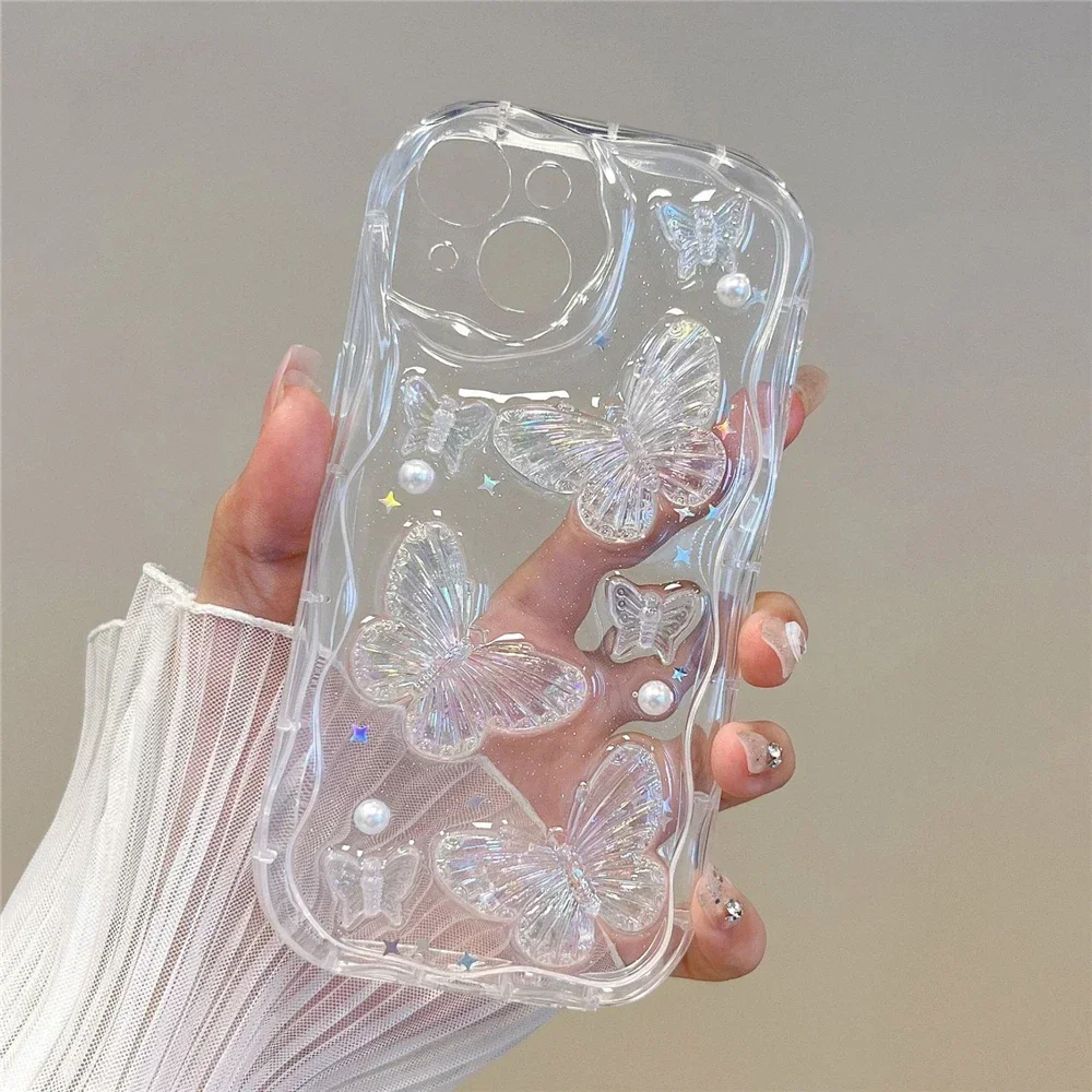 For iPhone 15 Pro Max Butterfly Crystal Bling Glitter Clear Case For iPhone 15 14 13 12 11 Pro Max Shining Star Pearl Wave Cover