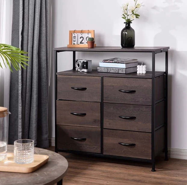 Dresser for Bedroom with 5 Fabric Drawers,Small Chest Organizer Unit with 2-Tier Storage Shelf for Bedside,Closet