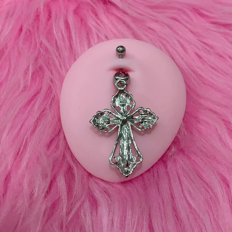 Y2K Body Accessory Bling Crystal Pink Cross Belly Rings Punk Aesthetic Body Piercing Belly Piercing Jewelry Egirl Korean Fashion