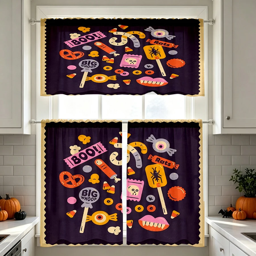 Halloween Fall Kitchen Curtains, Candy Eyeball Bat Spider, Digital Print, Kitchen Dining Room, Rod Pocket Polyester, Home Decor