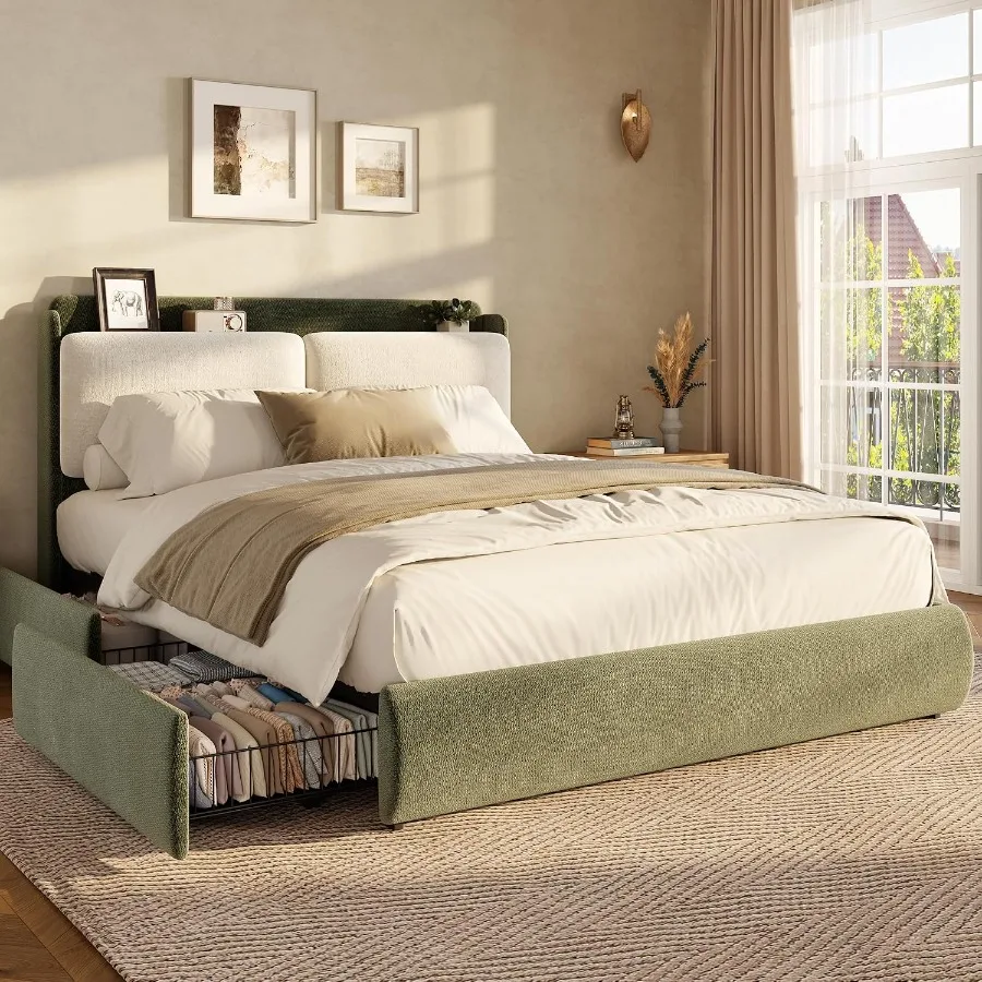 Bed Frame With 2 Storage Drawers For Bedroom Use Made Of Chenille Fabric In Green Color Featuring Soft Texture And Ample Underb