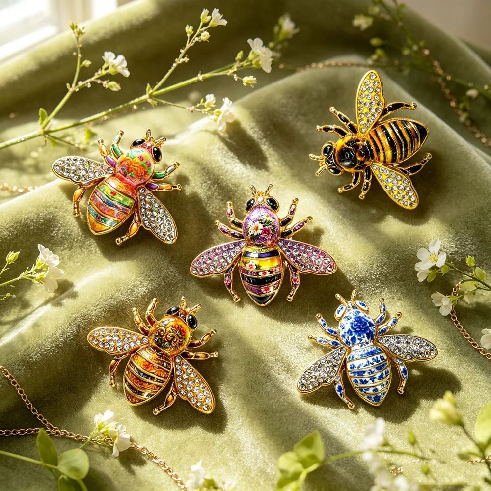 Vintage Enamel Bee Brooch Crystal Rhinestone Insect Lapel Pin Colorful Bumblebee Badge Women Clothing Accessories Jewelry Gift
