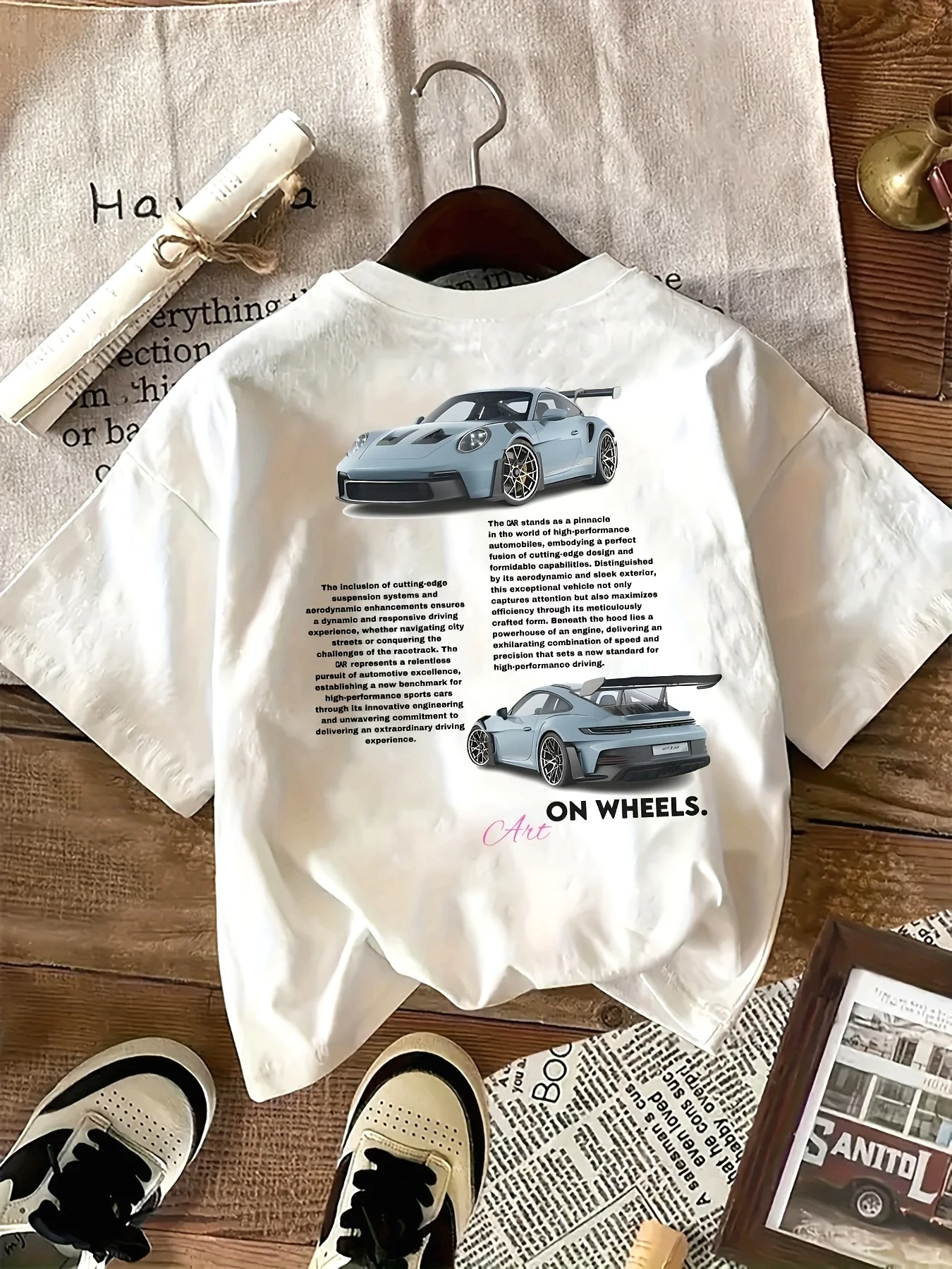 Casual Graphic Tee - Black Car Print with On Wheels Text Crew Neck All Season Comfort Fit Women's T-Shirt Casual Clothes