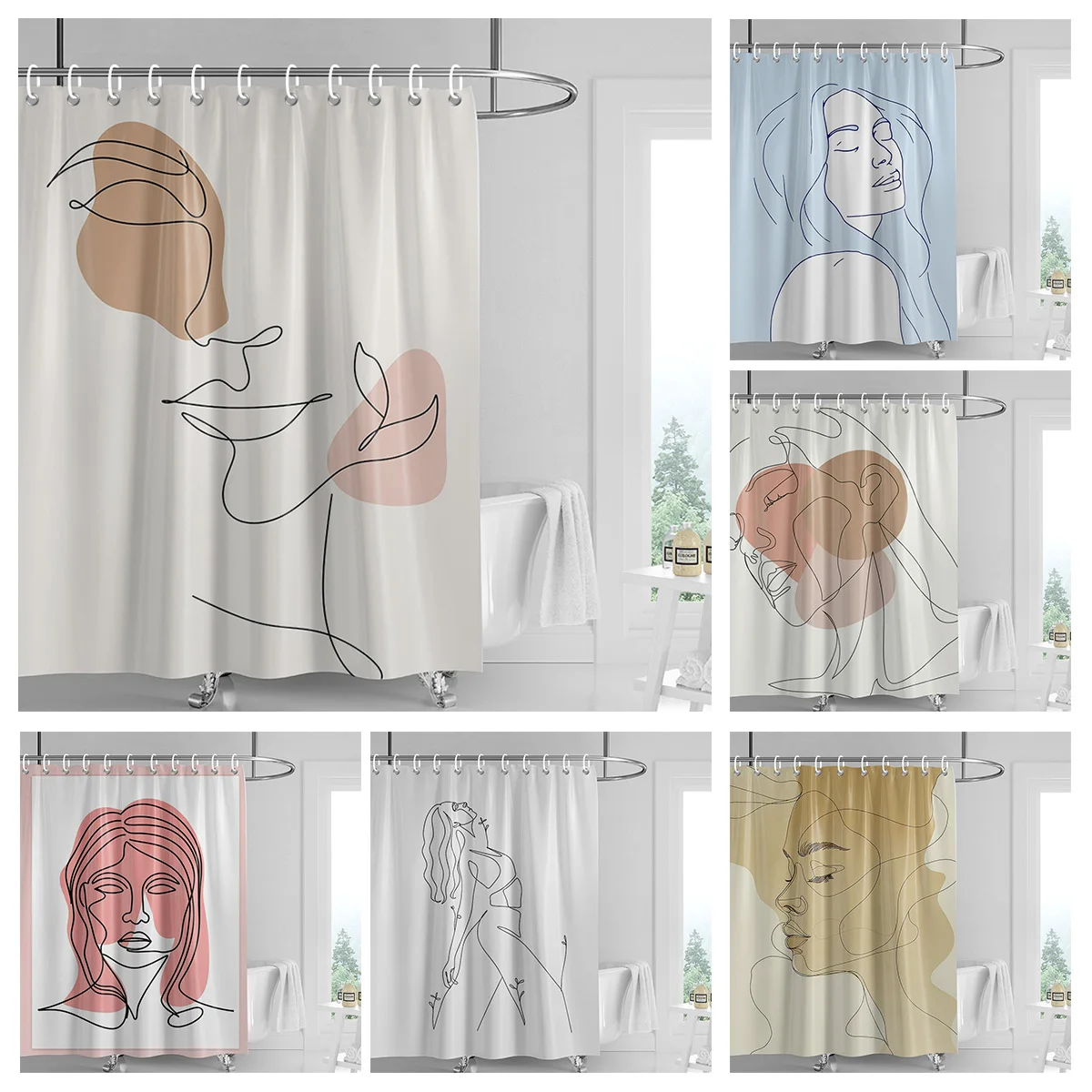 Morandi Colorful Abstract Plant Figure Shower Curtain Waterproof Mildew-proof Nordic Style Bathroom Decorative Shower Curtain