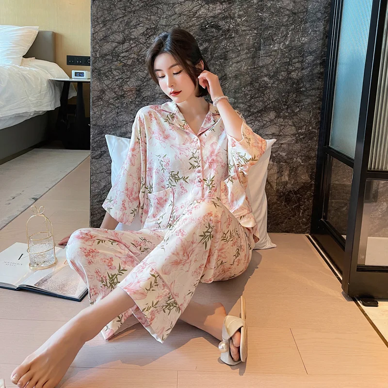 

Print Flower 2PCS Pajamas Set Spring Women Sleepwear Summer Half Sleeve Pyjamas Suit Silk Satin Nightwer Loose Home Clothes