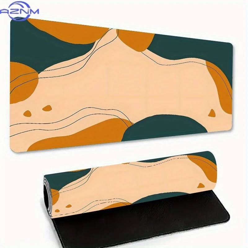 1pc Large Modern Abstract Green/Orange/Beige Desk Mat with Non-Slip Rubber Base, Precision-Stitched Edges & Ultra-Smooth Surface