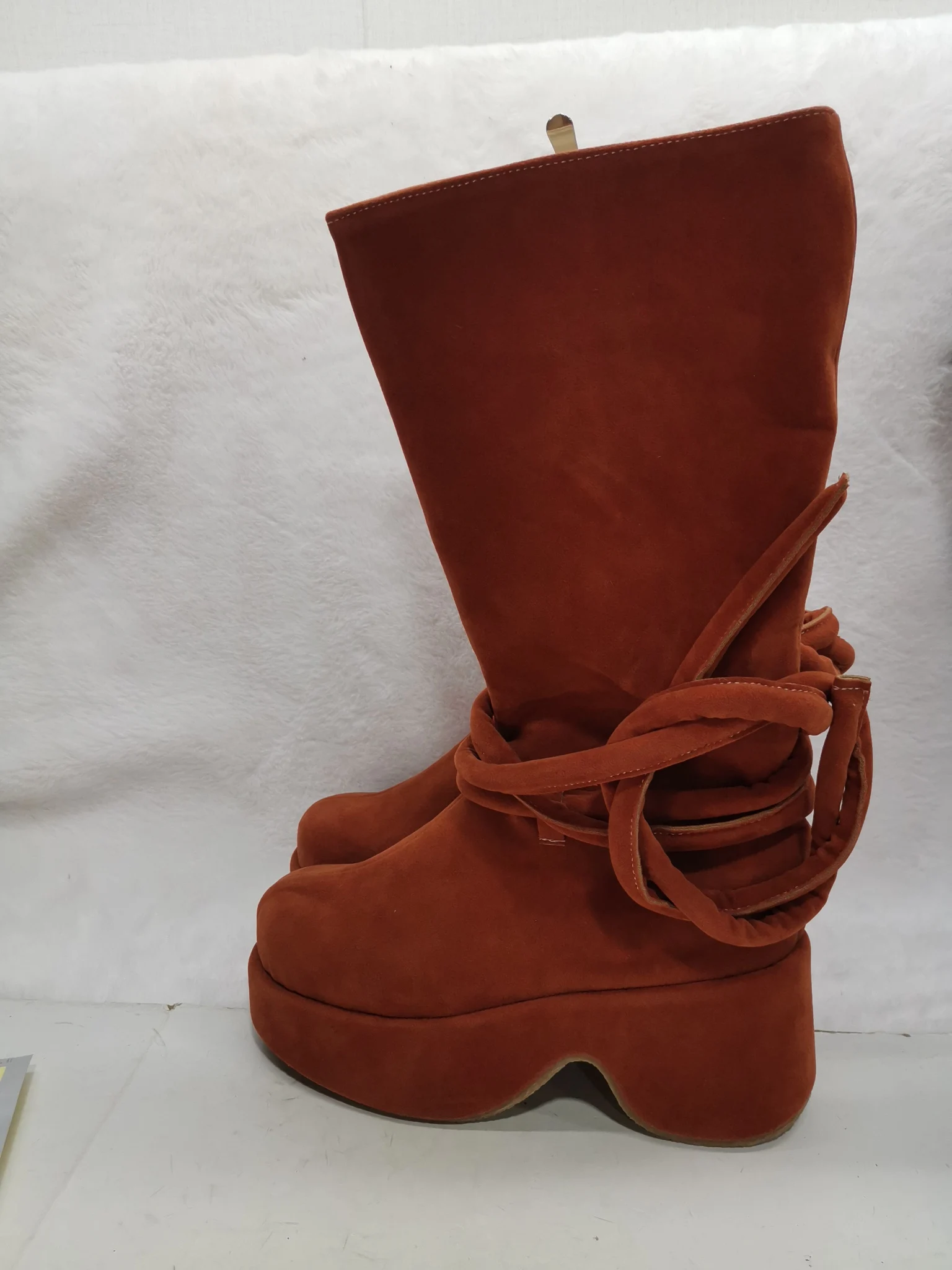 Orange Camper Edition Mid Calf Boots Street Style 2024 Round Toe Thick Sole Cross Tied Large Size Solid Fashion Knee High Boots