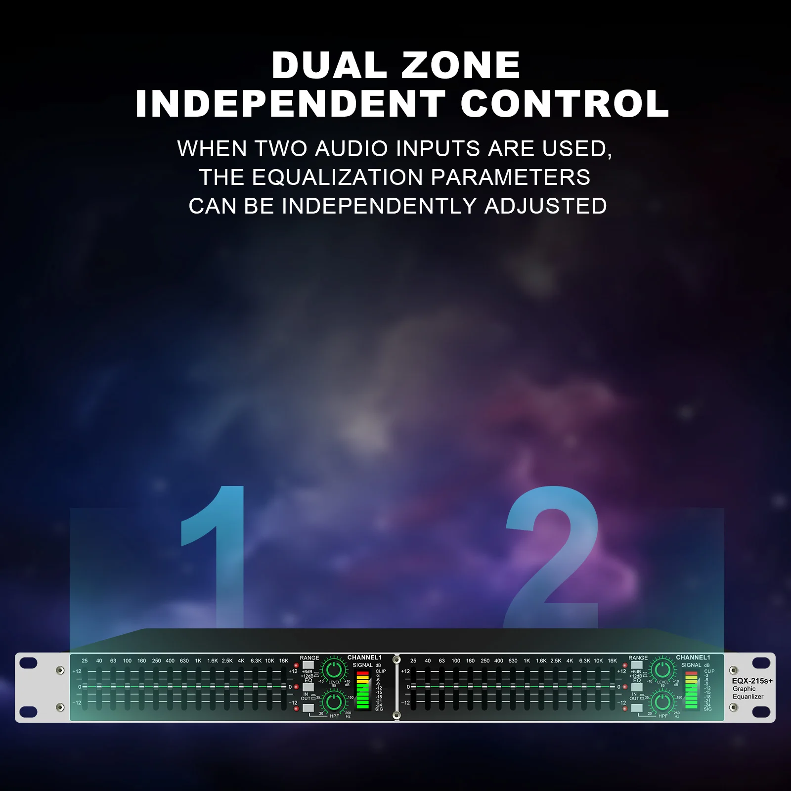 Dual Band Graphic Equalizer, Power Equalizer, Digital Audio Sound Processor, Active Balance, 15 Bands