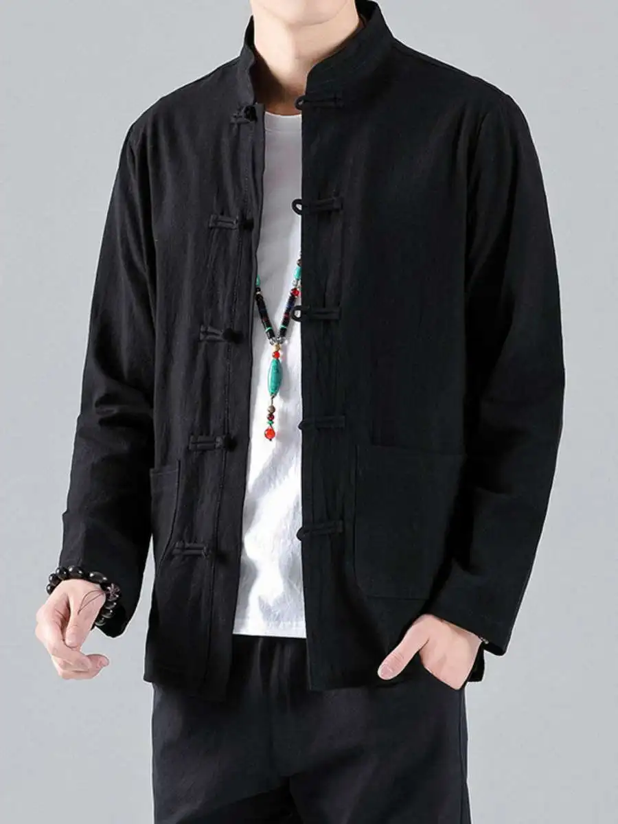 

Мужская рубашка из хлопка и льна с воротником-стойкой на пуговицах, свободного кроя, для весны и лета, в традиционном китайском стиле