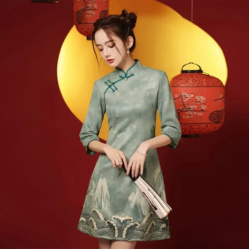 Improved cheongsam A-line dress women sexy new cheongsam national tide short qipao elegant retro vestidos Chinese style dress