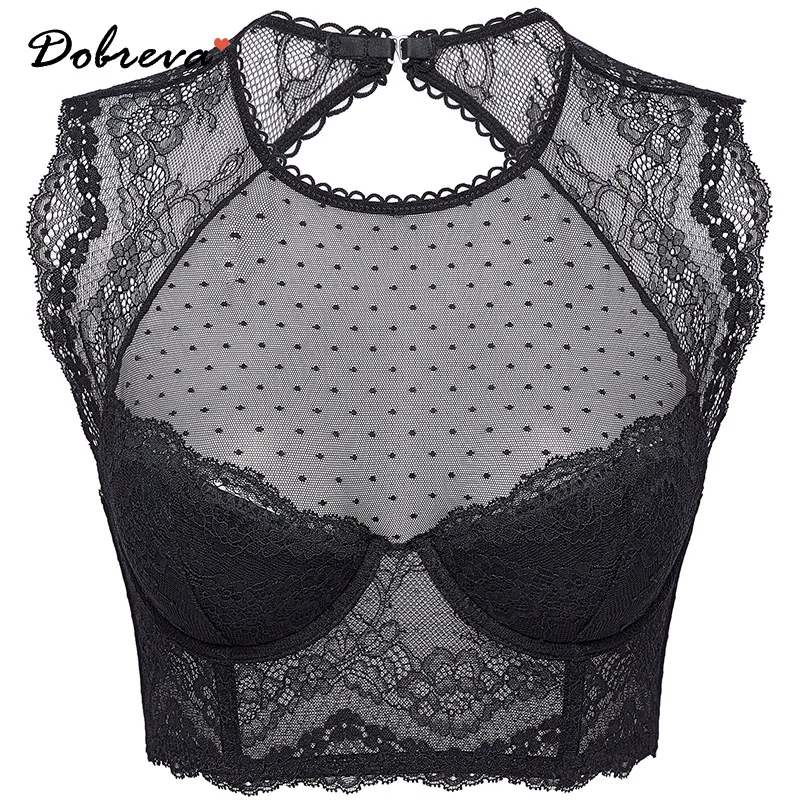 DOBREVA Women\'s Sexy Sheer Lace Bralette Crop Top Bra High Neck Underwire Plus Size Padded Bustier