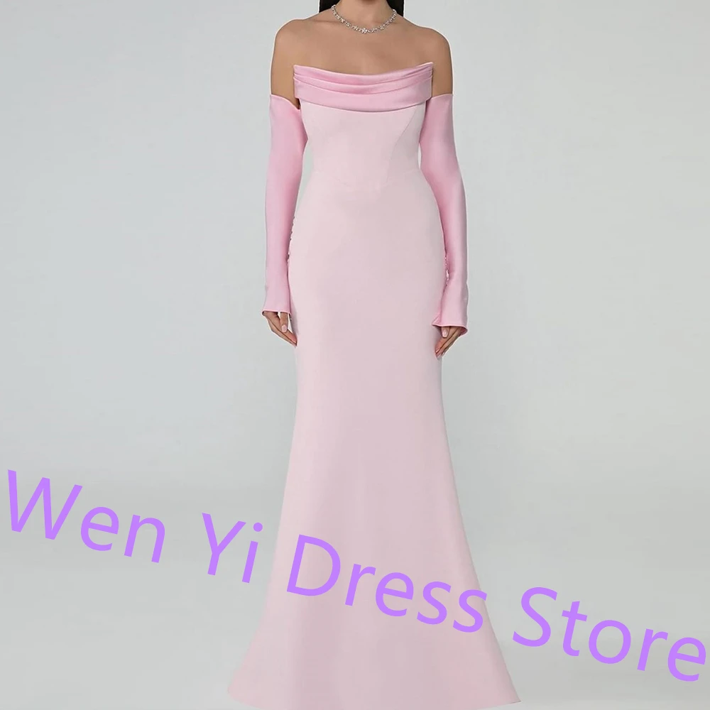 Customized Classic and Formal Mermaid Detachable Sleeve Evening Dresses Pink Jersey 3/4 Sleeves Strapless Floor Length Prom Gown