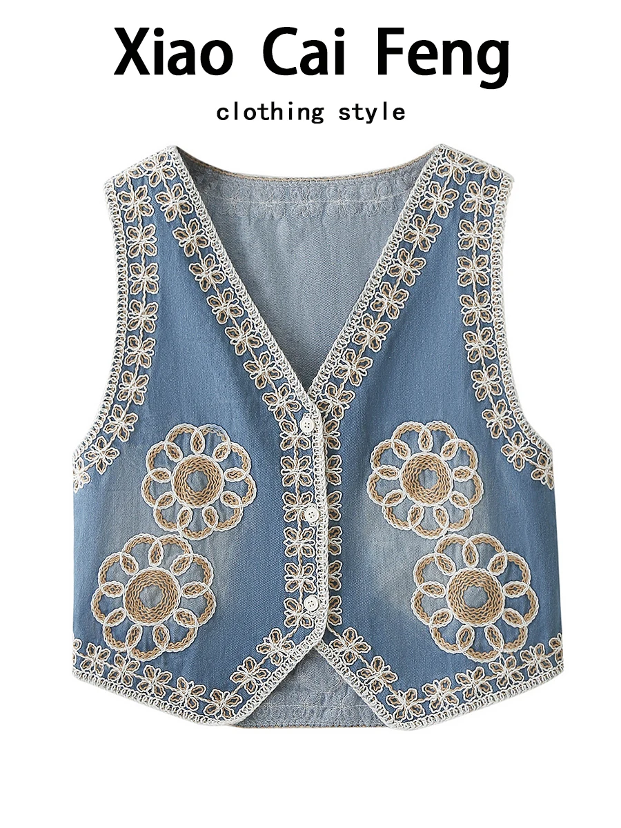 المطرزة سترة جينز المرأة الصيف رقيقة Svel ملابس خارجية طبقات oulder وسادة العصرية مزيج القطن V-ne زر واحد